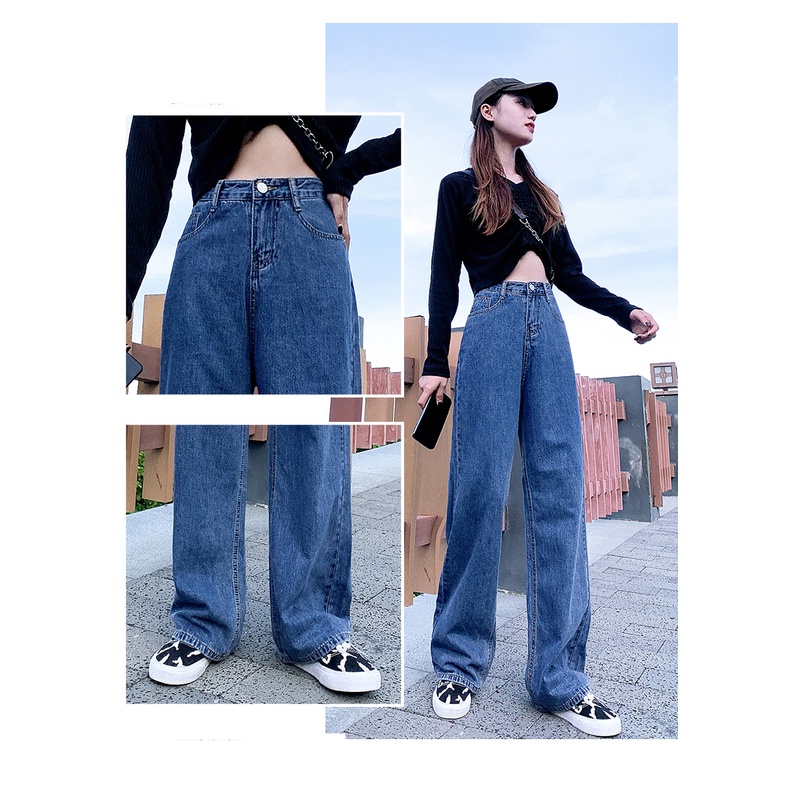 Biru laut Import Highwaist Loose Lebarkaki Celana Jeans Panjang Wanita