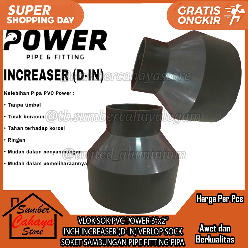 VLOKSOCK VLOK SOK PVC POWER 3”x2” INCH INCREASER (D-IN) VERLOP SOCK FLOKSOK FLOKSOCK SOKET SAMBUNGAN