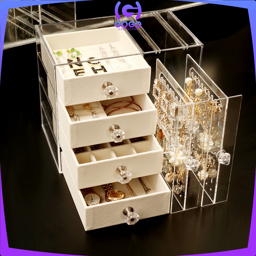 GOGO-K136 Kotak Perhiasan Tingkat 4 Laci Rak Acrylic Organizer Anting Cincin Anti Debu / Tempat Penyimpanan Aksesoris Kalung Wanita Rak Kosmetik Multifungsi