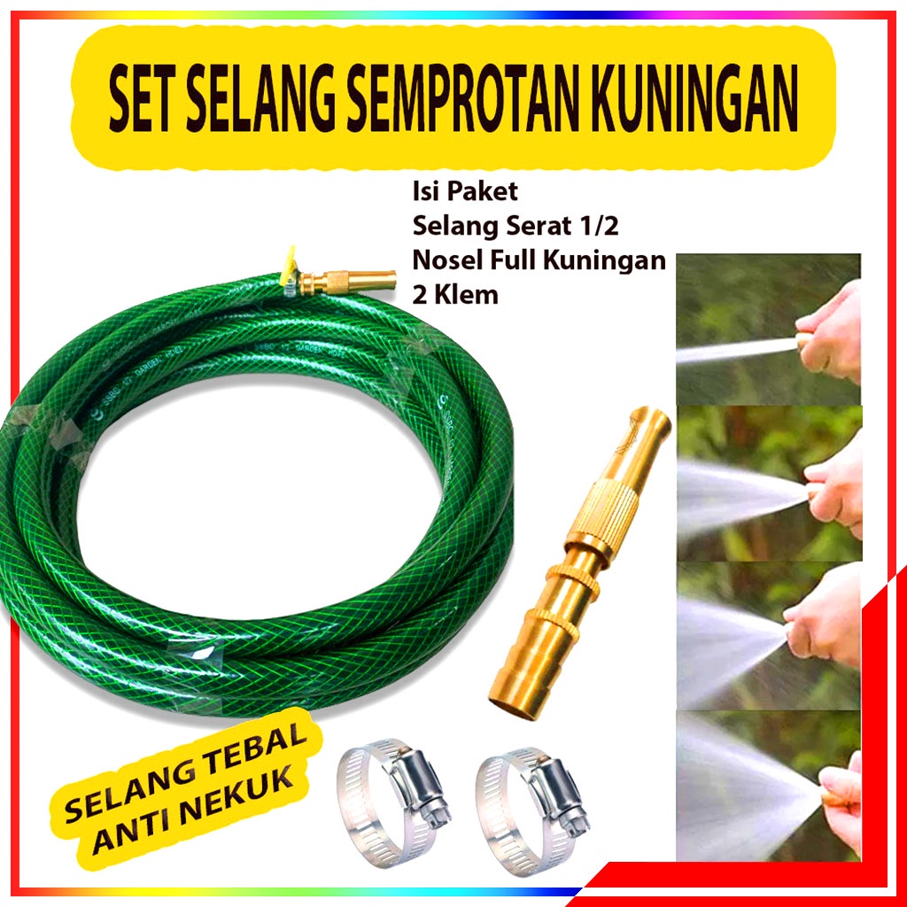 Paket Selang Air Serat Benang Ukuran 1/2 Inchi Anti Tekuk Plus Nosel Kuningan Free Klem 2 - Selang Semprotan Cuci Motor Mobil