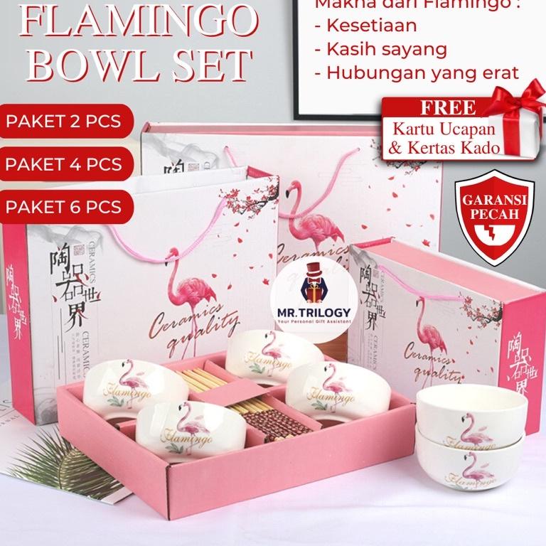 I4M4 Hampers Flamingo Mangkok Jepang Keramik Set Alat Makan Sumpit Aestetik Kekinian Sovenir Hadiah 