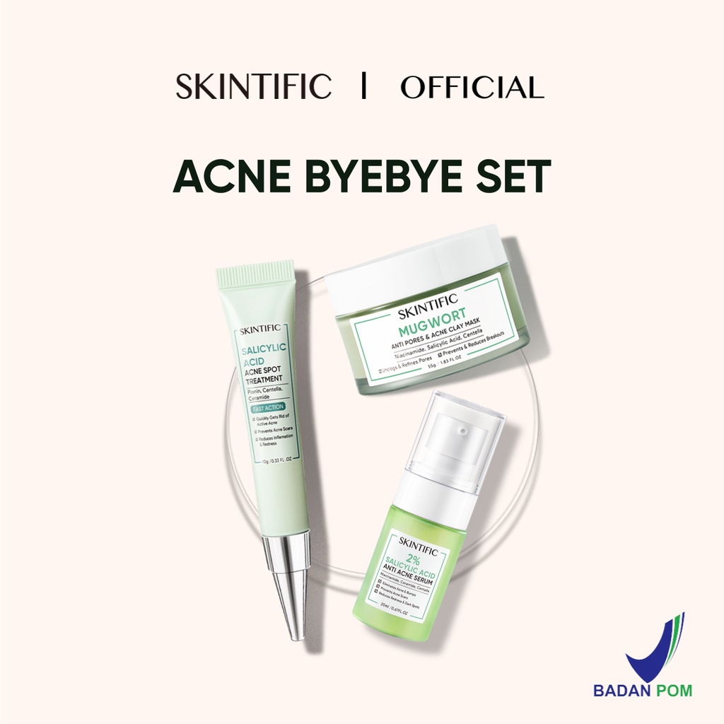 SKINTIFIC Acne Powerful Set 3pcs | Salicylic Acid Acne Spot Treatment Gel 10g Totol Jerawat + 2% Salicylic Acid Anti Acne Serum 20ml + Mugwort Anti Pores &amp; Acne Clay Mask 55g Masker Wajah