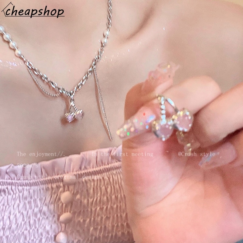 IFYOU Kalung Rantai Choker Liontin Cherry Pink Gaya Vintage Untuk Wanita