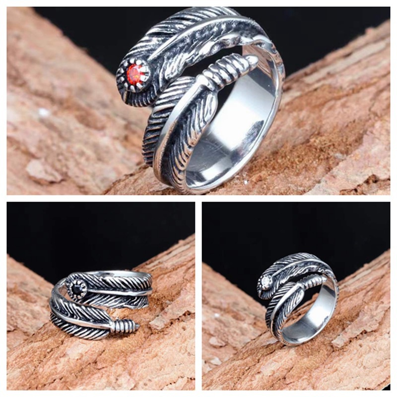 Cincin Bentuk Bulu Bahan Zirkon Warna Hitam Gaya Vintage