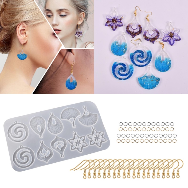 Set Cetakan Anting Kait 50Jump Rings Bahan Silikon Dengan Lubang Pengecoran Resin Epoksi DIY Dengan 20 Anting Kait Gantungan Kunci Cr