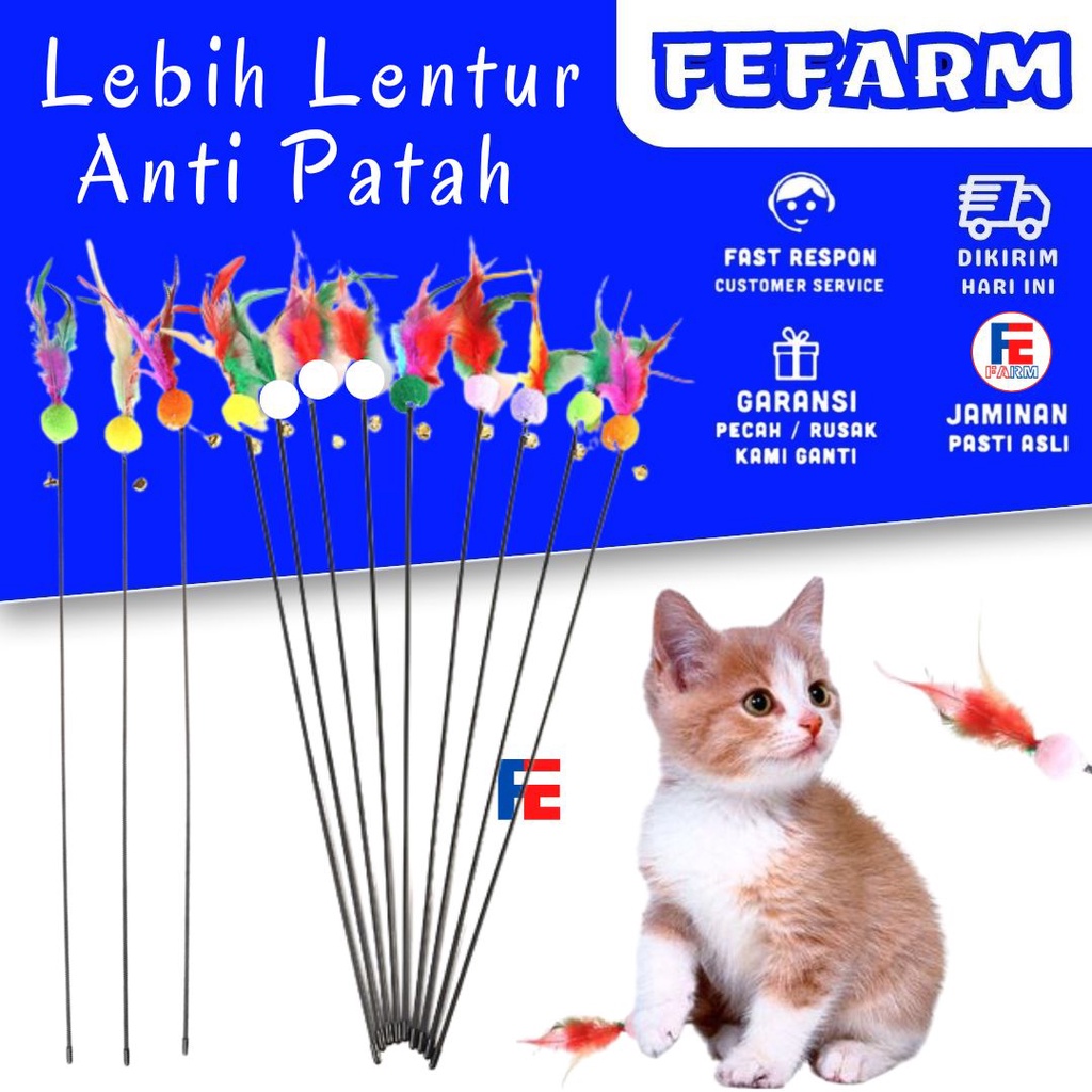 Tongkat Bulu Kucing Pom pom Lonceng Panjang 65cm Stick Interaktif Cat Toys Mainan Hewan FEFARM