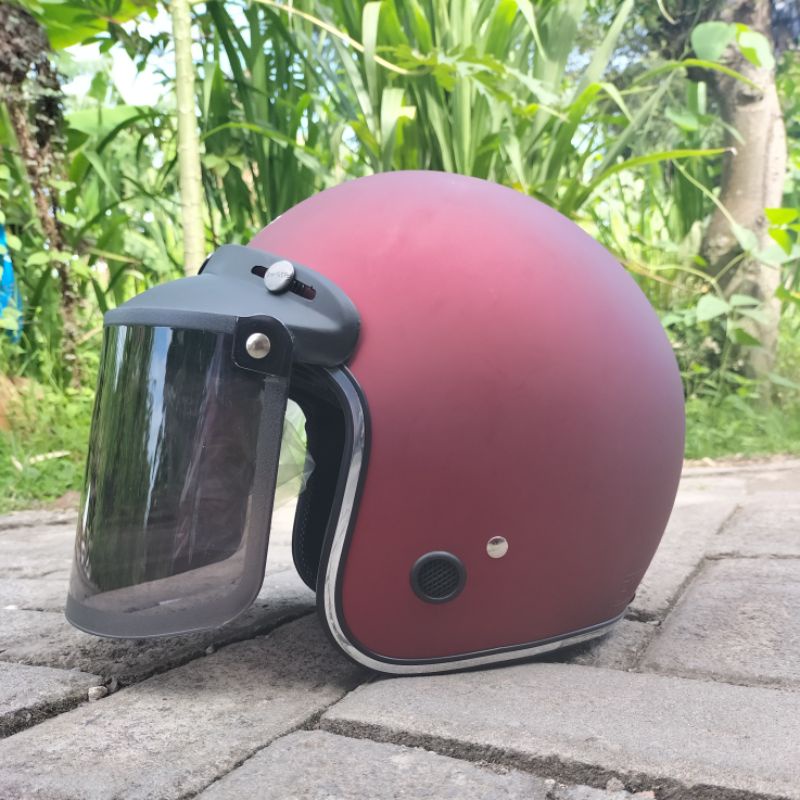 HELM BOGO LIST CHROME ORIGINAL SNI RETRO DEWASA KACA DATAR