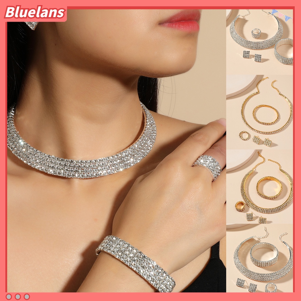 Bluelans 4Pcs / Set Kalung Rantai Choker Berlian Imitasi Multi Baris Dapat Disesuaikan Untuk Wanita