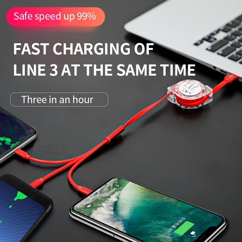 Type-C/Micro USB 3 in 1 kabel data pengisian daya flash yang dapat ditarik Kabel Mikro Dapat Ditarik untuk Ponsel Samsung Xiaomi Huawei, Kabel Pengisian Cepat TPE