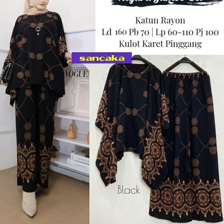 Chekout NIYARA JUMBO SET Baju Setelan One Set Batwing Tunik Waka Waka Kulot Celana Panjang Motif Bat