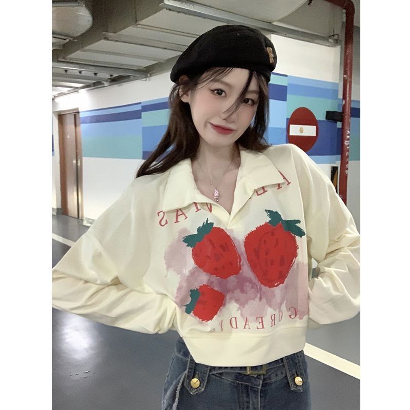 Nico##Strawberry PrintingpoloKerah Lengan Panjang Sweater Longgar Tipis Pendek Top