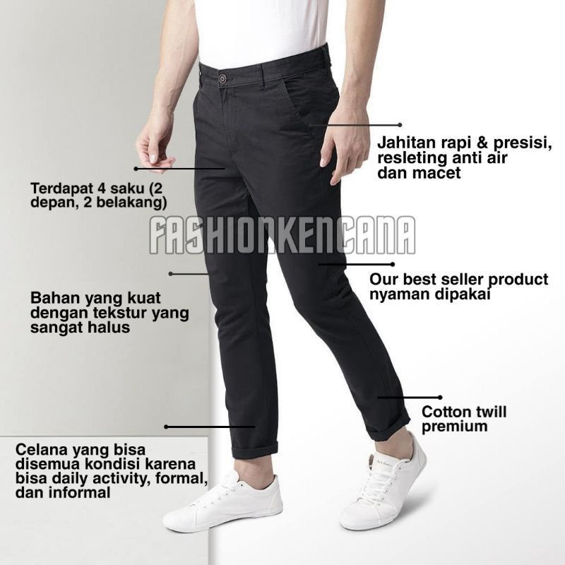 CELANA CHINO Ankle pants Panjang pria Slimfit KERJAHARIAN Santai Kasual Formal Hitam Abu Cream Mocca