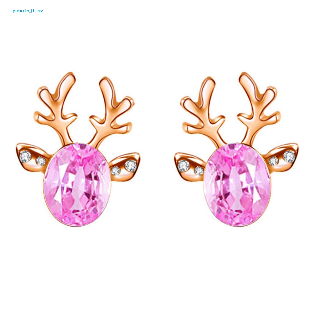 2pcs Anting Stud Desain Tanduk Rusa Aksen Batu Permata Tiruan Untuk Aksesoris Natal