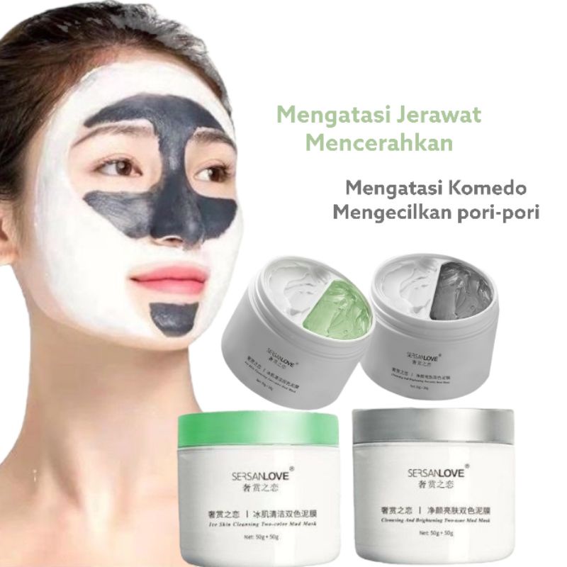 SERSANLOVE Double Color Whitening Mud Mask Clay Mask Brightening Moisturizing Clay Mask / Masker Lumpur Pemutih Wajah / Masker Lumpur Glowing / Masker Tanah Liat Glowing / Masker Lumpur Wajah Wanita Korea / Masker Lumpur Penghilang Komedo