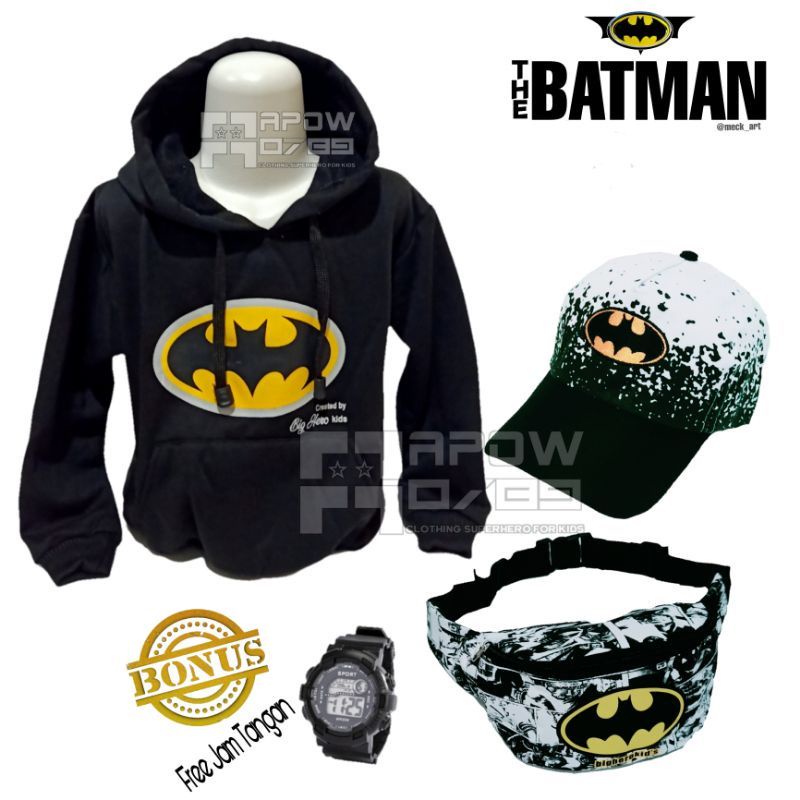 Jaket Sweater Hoodie Anak Laki-laki Batman 4 in1 Free Topi Tas Waistbag Dan Jam Tangan