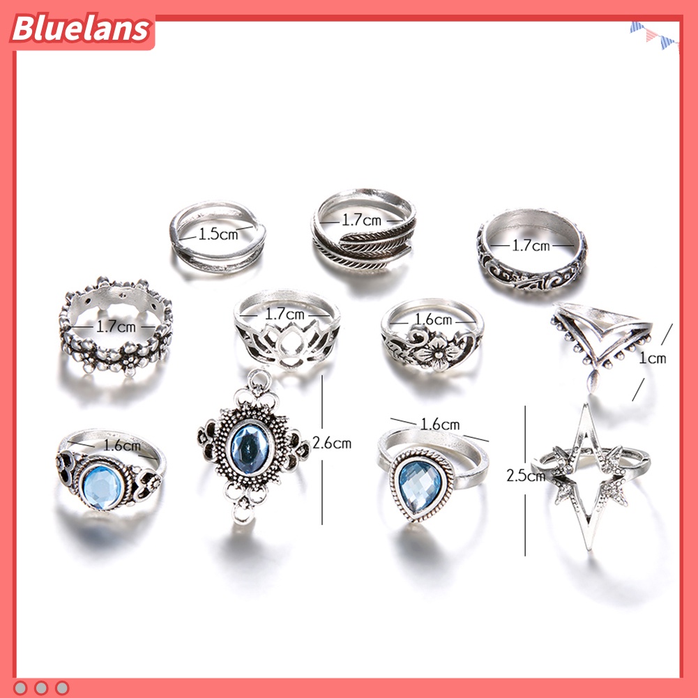 Bluelans 11Pcs Women Retro Hollow Rhinestone Knuckle Midi Finger Tip Stacking Joint Ring