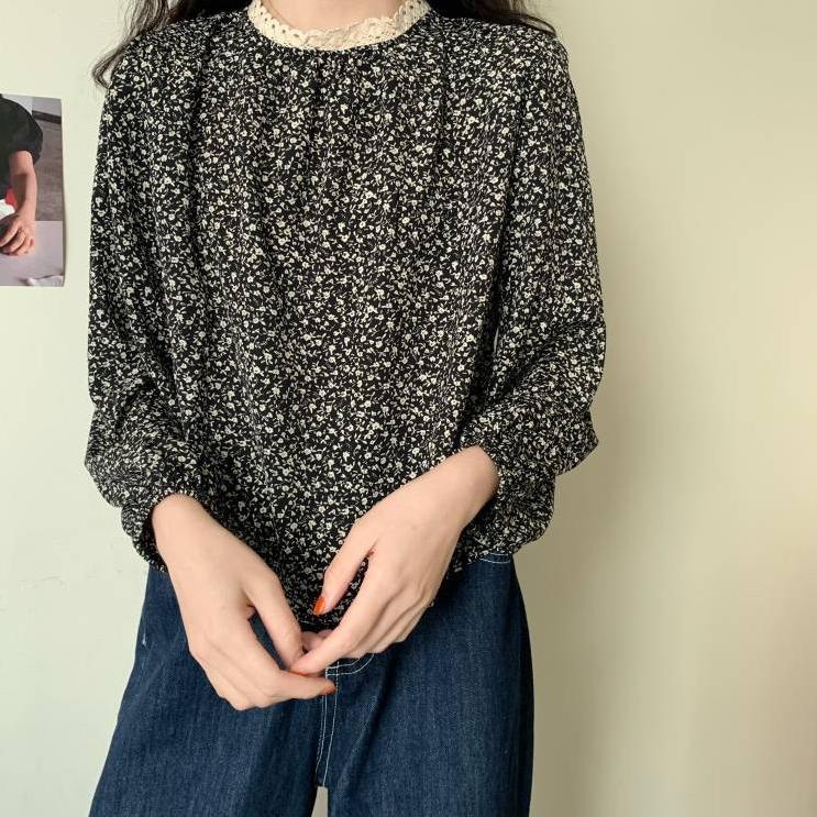 Promo Hari ini Blouse Mina Inner Wanita Lengan Panjang Bunga Leher Bulat Korean Style Promo