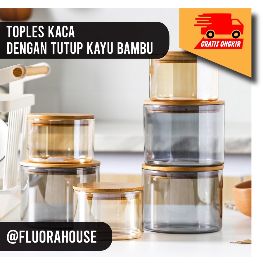 Toples Kaca Dengan Tutup Kayu Bambu