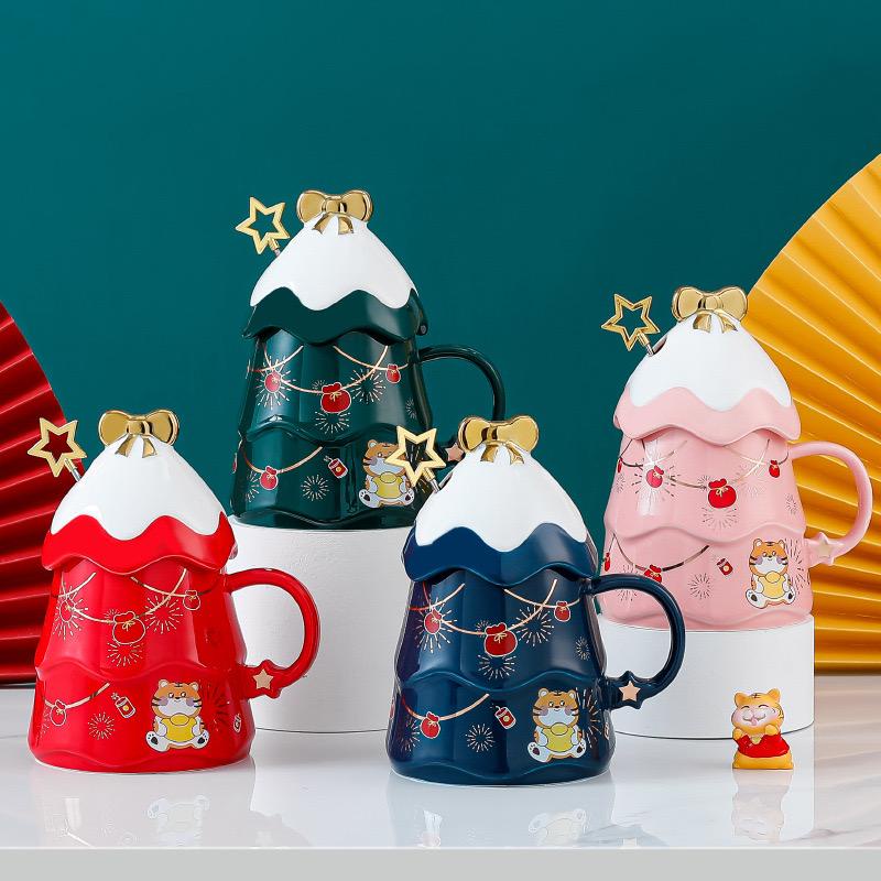 Mug Natal Keramik Model Pohon Natal Tutup Pita Christmas Tree Cup
