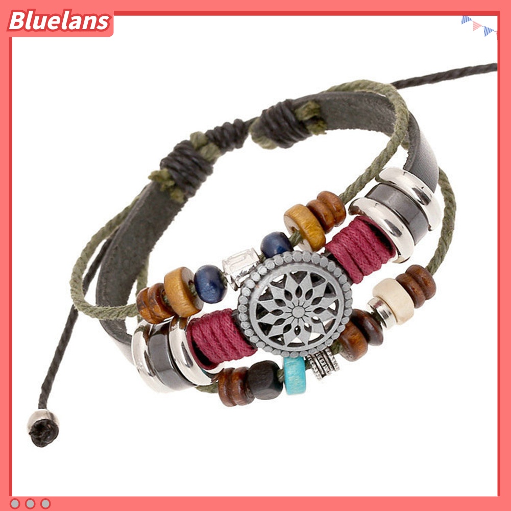 Bluelans Boho Women Multi Layer Beaded Woven Leather Rope Bracelet Adjustable Jewelry