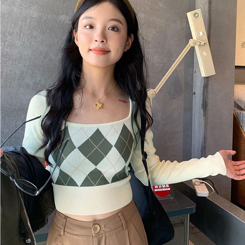 Square Neck Sweater Rajut Kotak Kotak Wanita Lengan Panjang