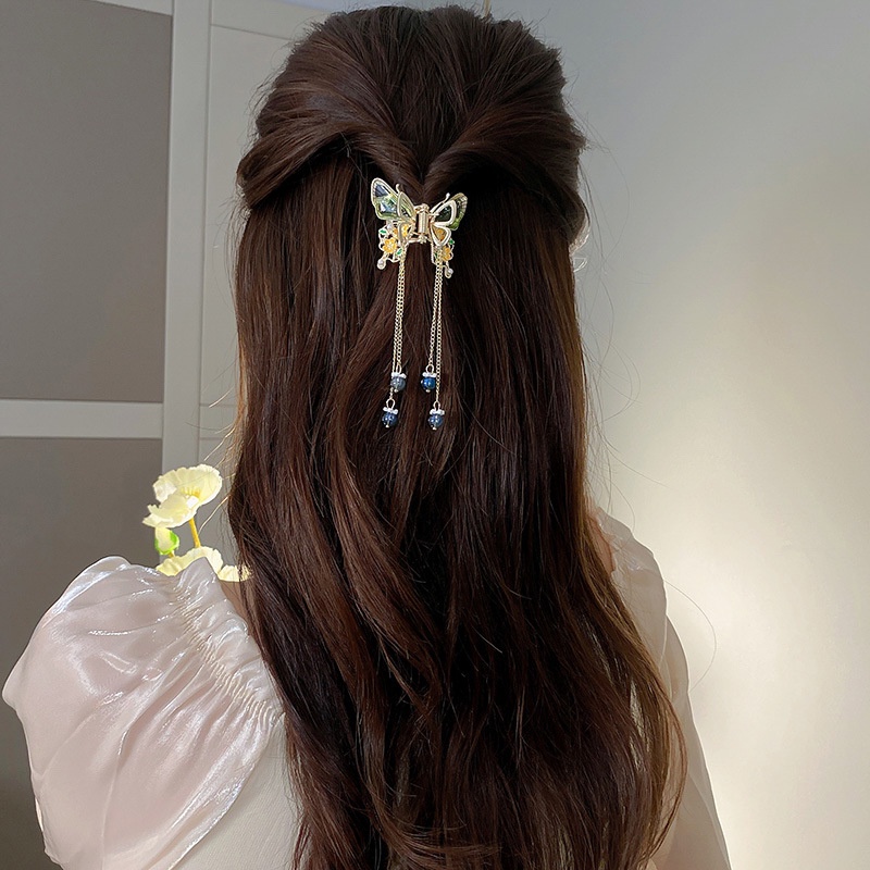 Jepit Rambut Bentuk Hiu / Bunga / Kupu-Kupu Aksen Berlian Imitasi + Rumbai Untuk Aksesoris Wanita