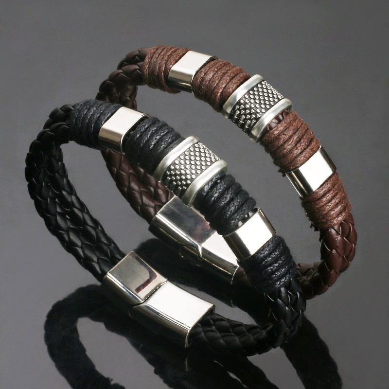 [Z H Perhiasan] Hip Hop Rock Retro Pria Fashion Gelang Kulit Stainless Steel Pesta Perhiasan Aksesoris