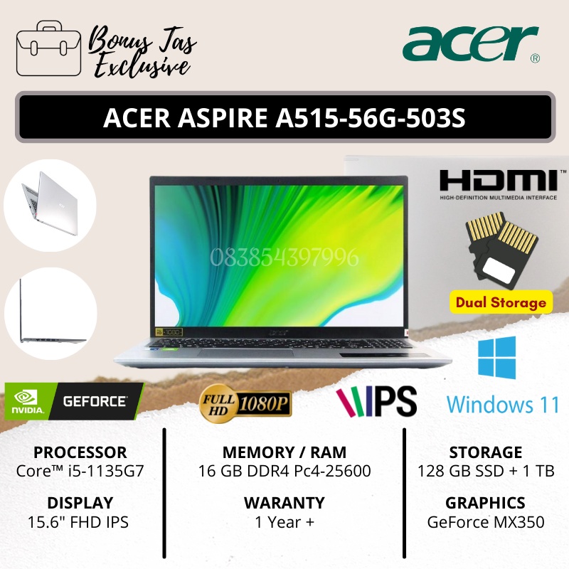 PROMO LAPTOP GAMING MURAH - ACER ASPIRE A515-56G-503S CORE I5-1135G7 / 16GB / 128GB SSD + 1TB HDD / VGA 2GB NVIDIA / 15.6&quot; FULL HD IPS / WINDOWS 11 PERMANEN / SILVER