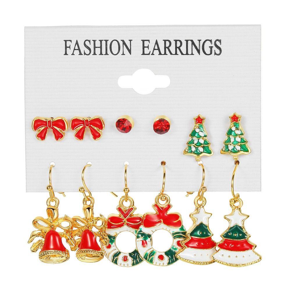 Needway Christmas Stud Earrings Bow Knot Santa Claus Christmas Bell Drip Minyak Rusa Mengkilap Wanita Drop Earrings