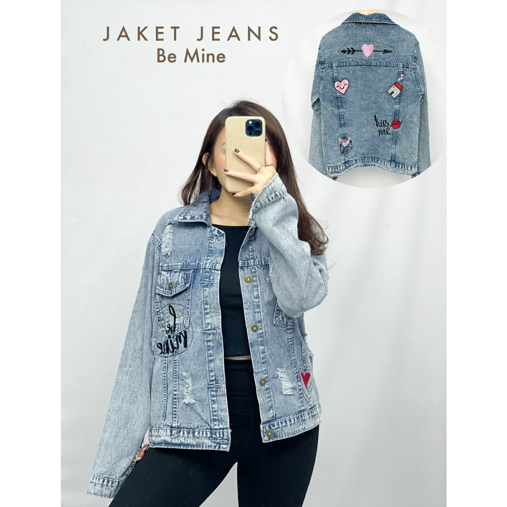 HOPYLOVY Jaket Jeans Wanita Tebaru Oversize Ripped Be Mine Snow Acid