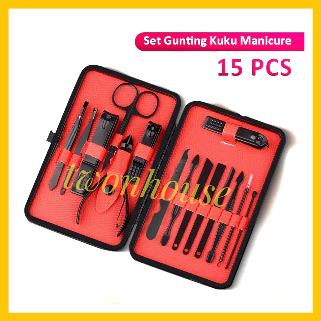 BISA COD - Alat Medicure Pedicure Dompet Paket Pembersih Kuku Kaki dan Tangan 15 in 1 Set Gunting Kuku Alat Kikir Kuku Murah Meriah Berkualitas Manicure Set Pedicure PREMIUM Pembersh Kuku Pinset Kikir Kuku Gunting Lancip Korek Telinga Kuping - Merah 15in1