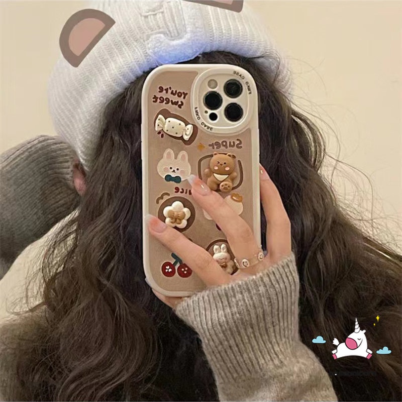 IPHONE Casing Mainan Boneka Kartun Lucu 3D Case Kompatibel Untuk Iphone11 7plus 78 Plus XR 12 13 14 Pro MAX 6 6s X XS MAX SE 2020 INS Korea Permen Beruang Kelinci Yang Indah Gadis Shockproof Soft Cover