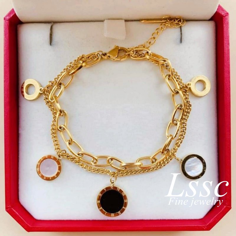 Gelang Titanium 2 Layer Romawi Bulat Hitam Retro Emas 18K Anti Karat Perhiasan Aksesoris Wanita