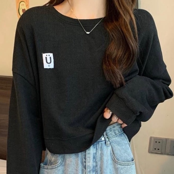 Sweater Crop Wanita Give U Smile - Korean Style Sweatshirt - Baju Wanita Basic U Crope Terbaru - Bahan Fleece - Ukuran Allsize