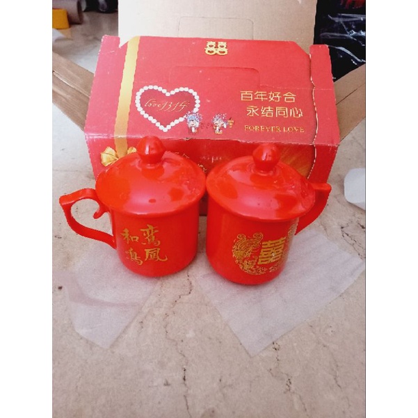 Gelas Mug Sangjit / Gelas Merah Shuang Xi / Mug Keramik Lamaran / Gelas Keramik Pernikahan / Wedding Mug