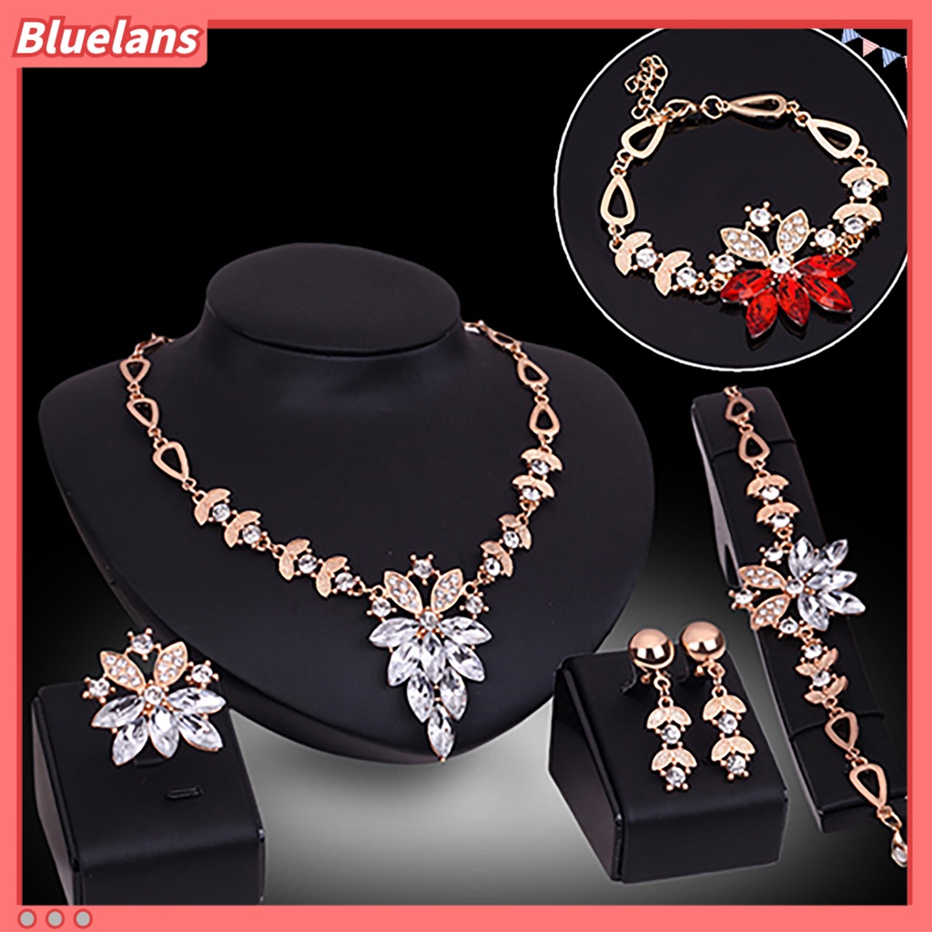 Bluelans 4Pcs Jewelry Set Flower Design Birthday Gift Durable Necklace Earrings Bracelet Ring Jewelry Set