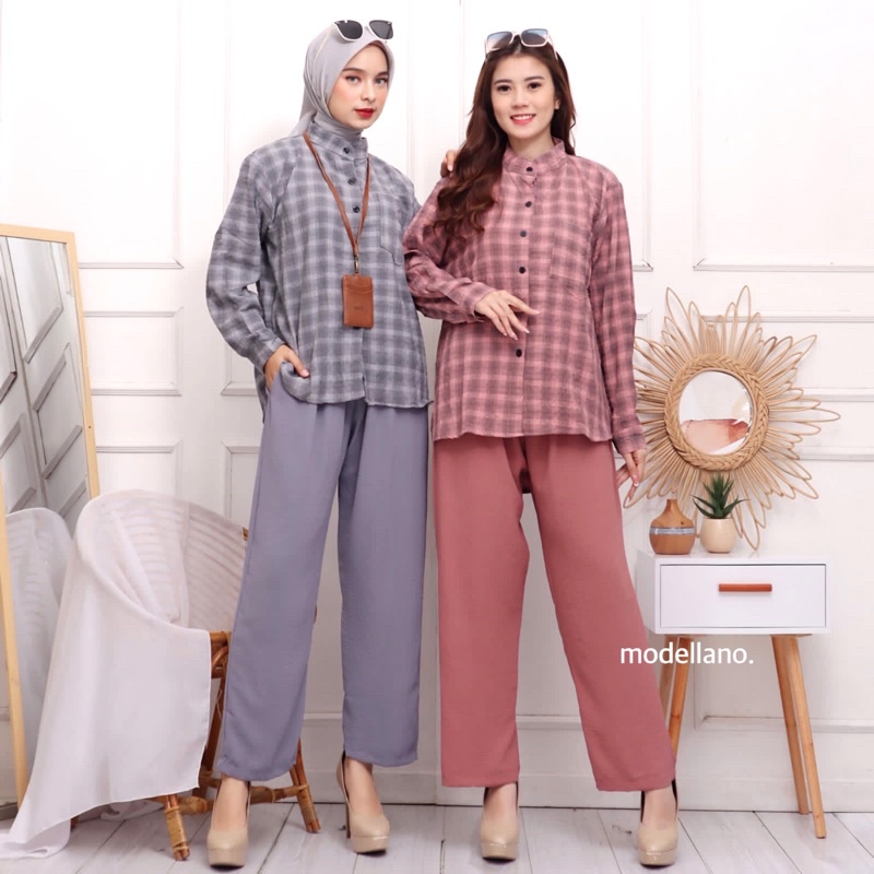 ONE SET CEY CRINKLE JUMBO STELAN SASYA KOTAK MOTIF KERAH KANCING BUSUI XXL BIGSIZE PGMTA GROSIR