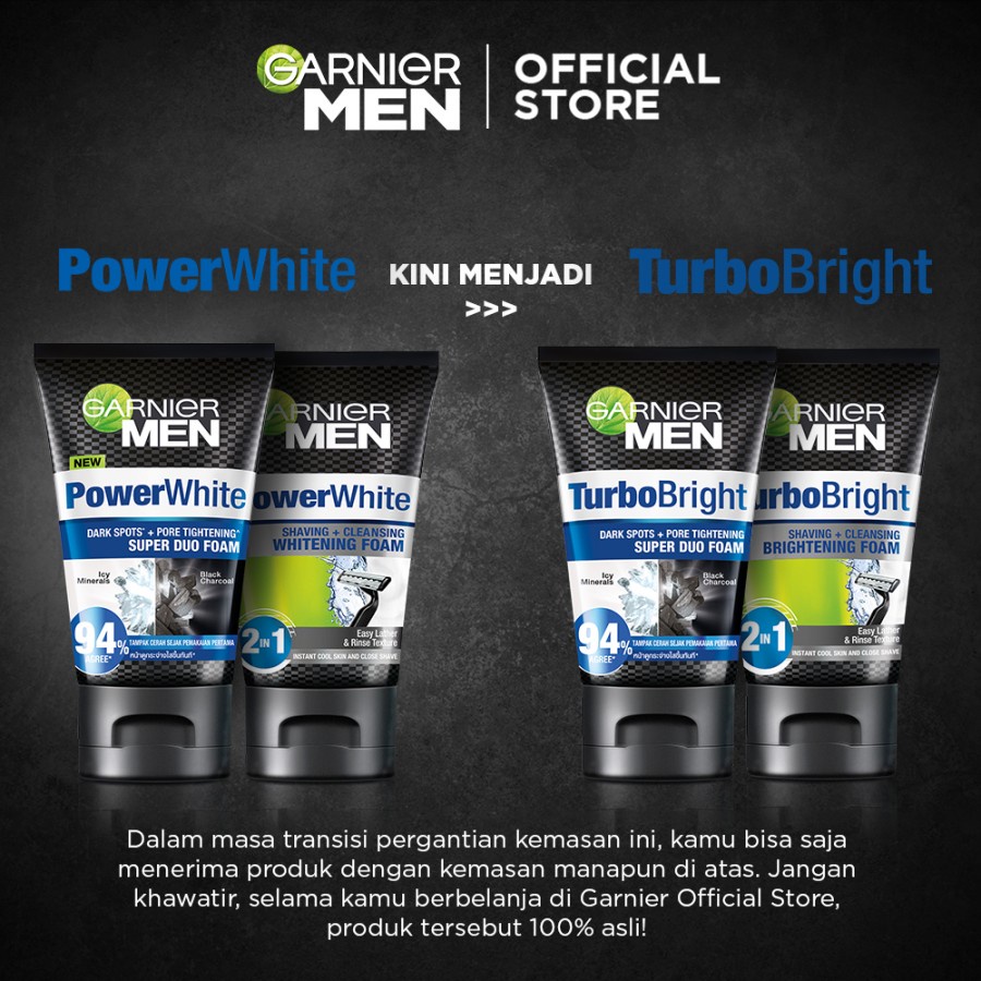 Garnier Men Facial Foam Face Wash Sabun Pembersih Oil Control Matcha, Icy Scrub, Cooling Foam, Charcoal Foam, Acnofight Wasabi Brightening, Scrub in Foam, Trubobright PowerWhite Super duo Foam, Brightening Foam