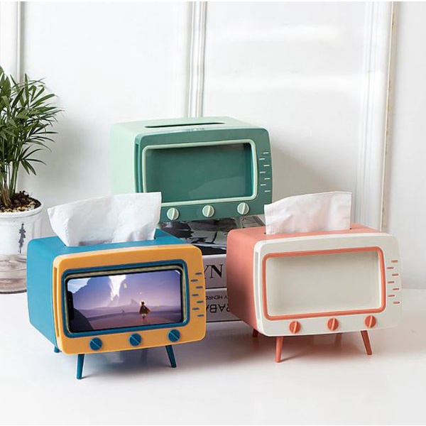 Kotak Tissue Box Organizer Bentuk TV Tempat Tisu + Stand Phone Holder