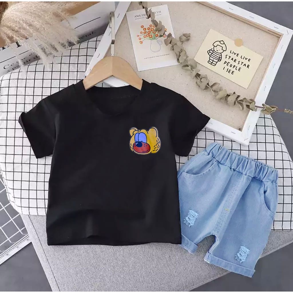 SETELAN KAOS ANAK MOTIF CUTE BEAR DENIM - PAKAIAN ANAK UMUR 6-10BLN 1-5THN UNTUK ANAK LAKILAKI DAN ANAK PEREMPUAN - TRENDY SAAT INI BAHAN COMBED CELANA DENIM PENDEK - ADEM DAN NYAMAN SAAT DIPAKAI ANAK SIBUAH HATI- GAMBAR KEREN DAN LUCU DIBAJU NYA KEKINIAN