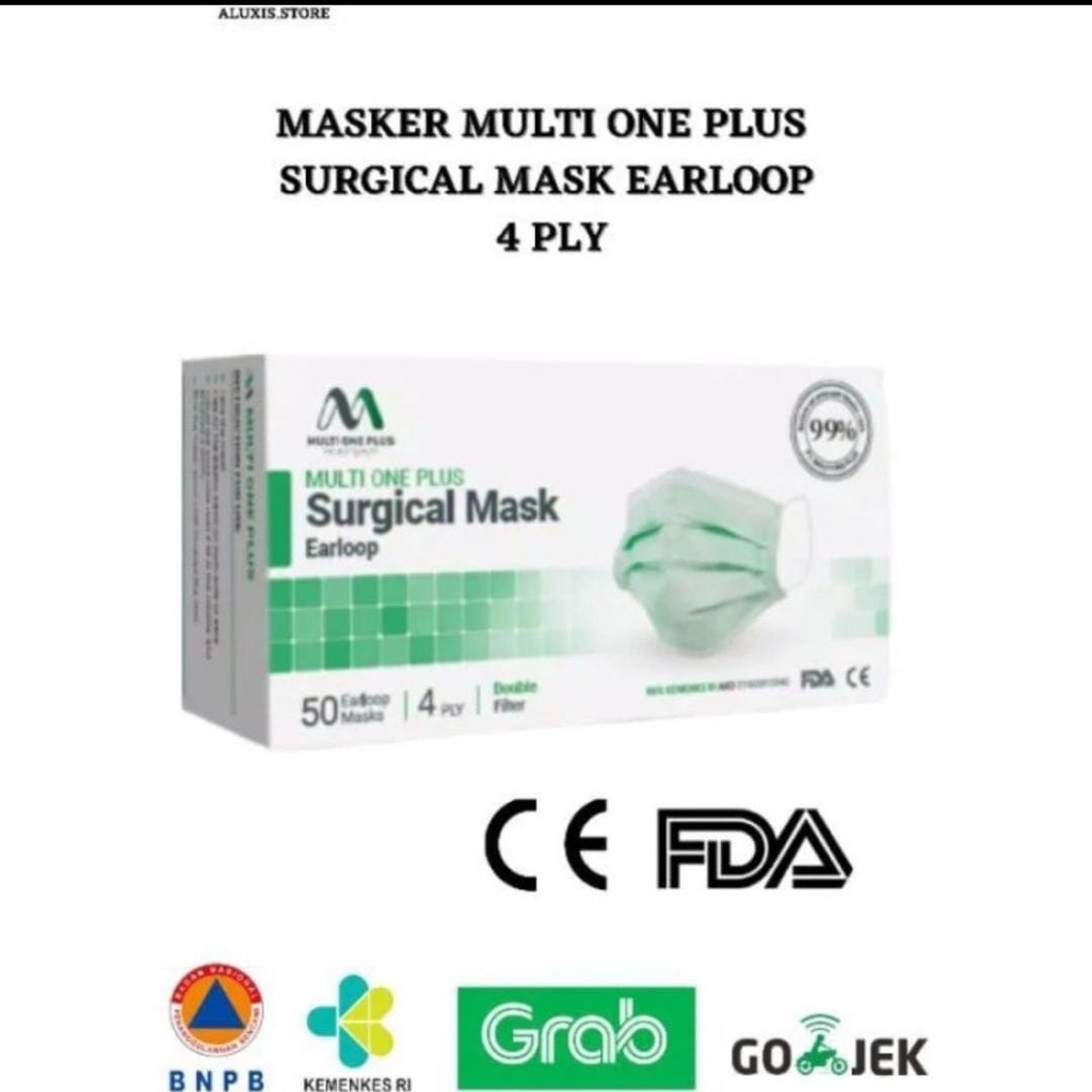 Multi One Plus 4ply Earloop Surgical Mask warna Hijau isi 50pcs
