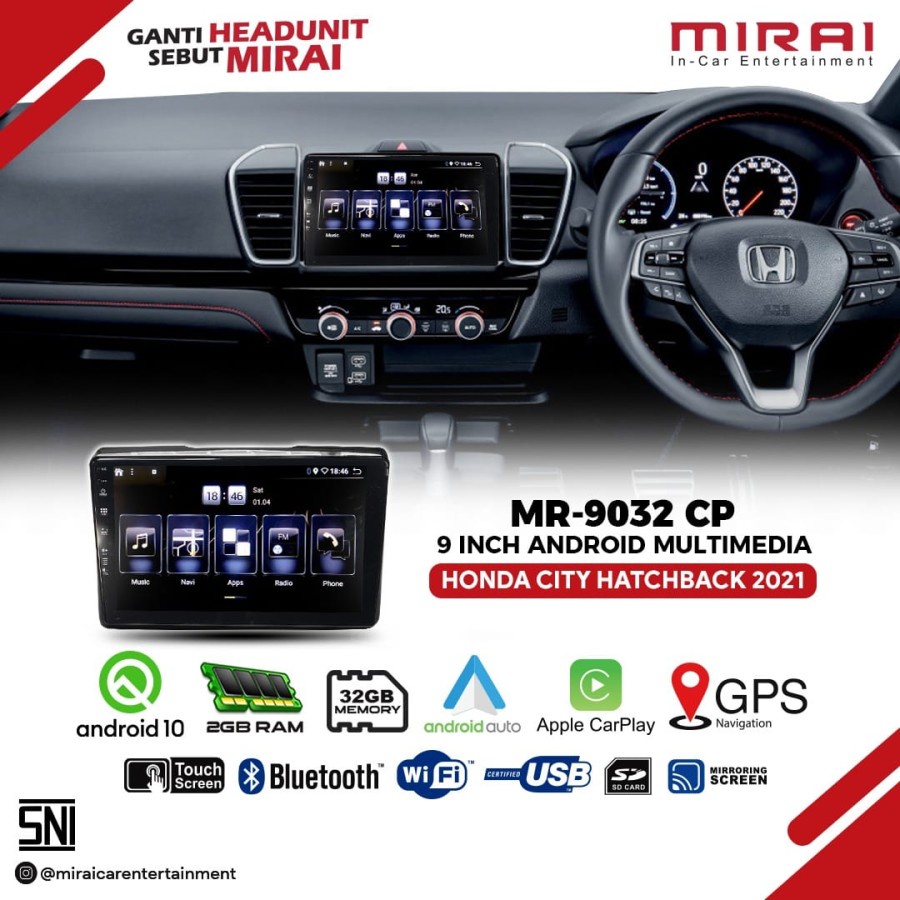 Headunit Android Honda City Hatchback 2021 Mirai MR-9032VC Auto Carplay RESMI