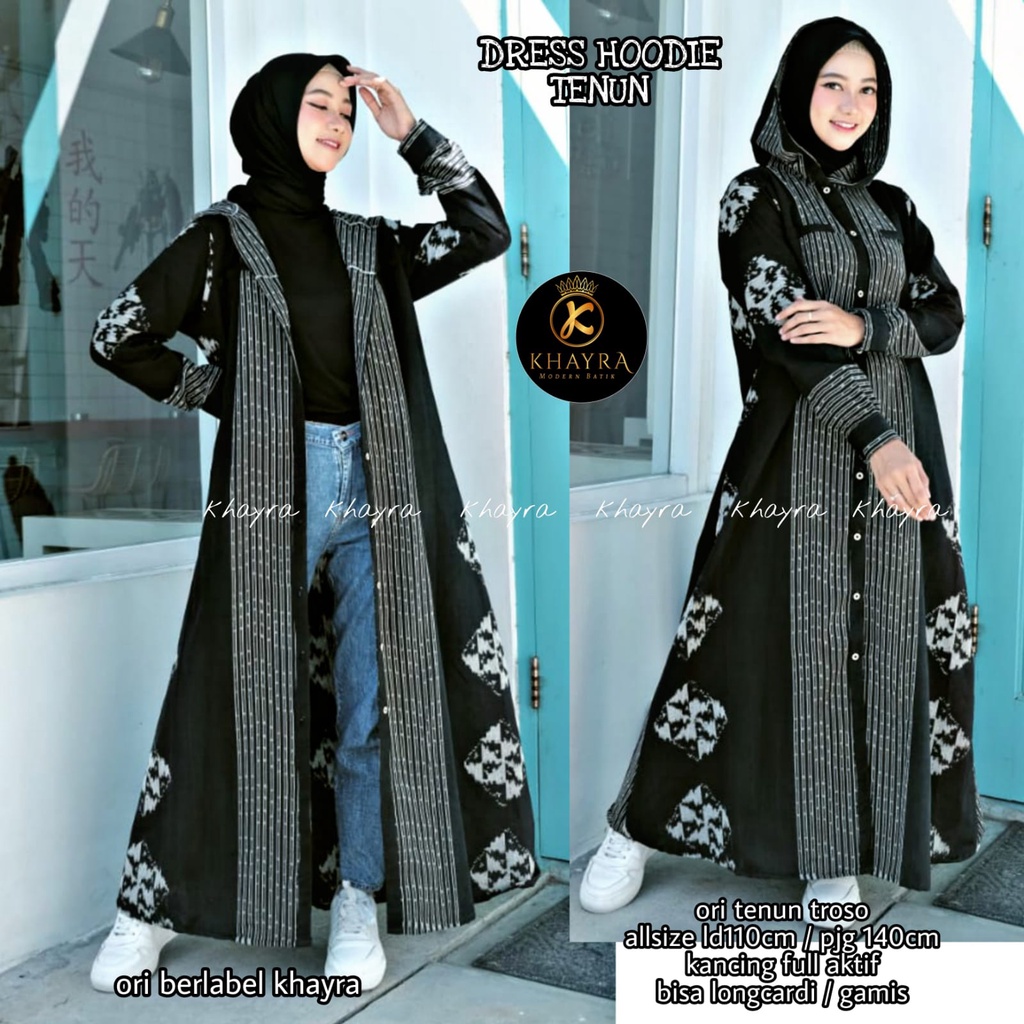 Long Dress Gamis Hoodie Batik Tenun by Butik Batik Solo Bahan Tenun kode LONG DRESS HOODIE TENUN