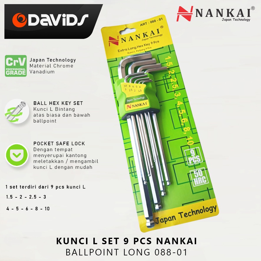 Kunci L Set Panjang Konci Baja Segi Enam 9 Pcs Ballpoint Nankai 08801