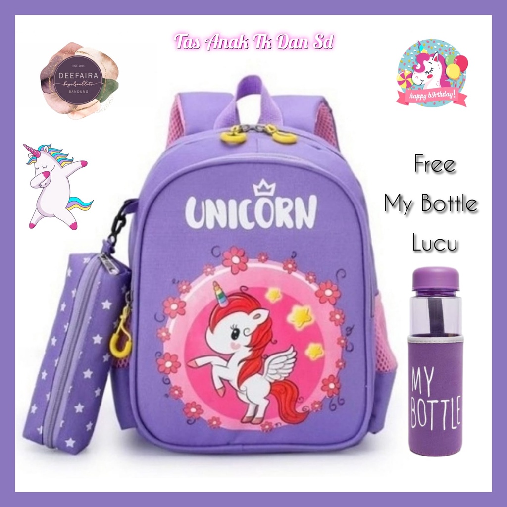 Tas Ransel Anak Motif Un1q0rn Gratis Tempat Pensil Dan My Botol Untuk Anak TK Paud Sd