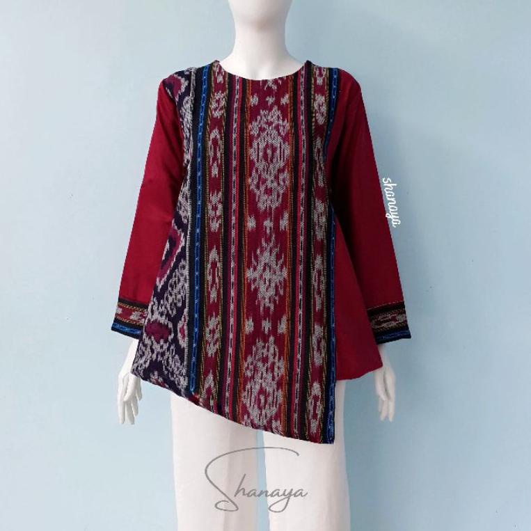 "KAD.18Oc22y" Shanaya Baju Batik Wanita Blus Marun Navy Tenun Belakang Toyobo Batik Kerja Batik Kuli