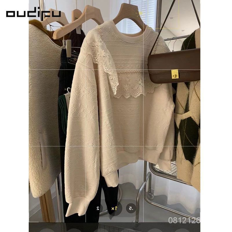 Renda mullein empuk tambal sulam jumper leher bulat Desain jumper wanita musim gugur / musim dingin