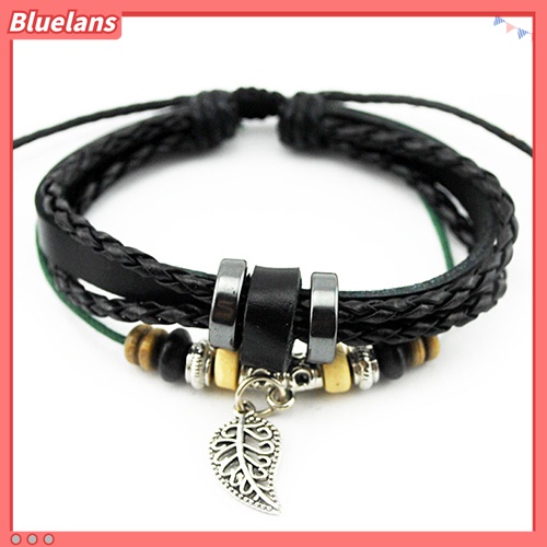 Gelang Multilayer Adjustable Bahan Kulit Imitasi Dengan Liontin Daun Untuk Unisex