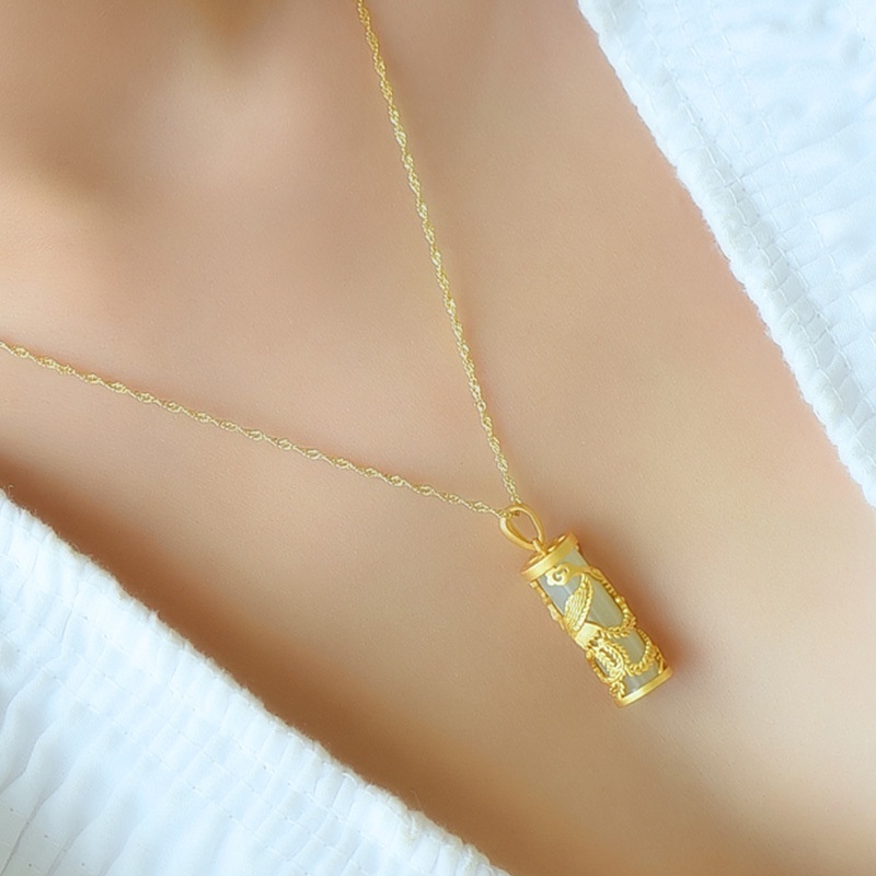 Goldkingdom Fashion Perhiasan Emas Asli Kadar 375 Bangkok Aksesoris Ready Stock Hetian Jade Dragon Phoenix Liontin Pria Dan Wanita Emas Inset Giok Naga Kolom Zodiak Giok Kalung