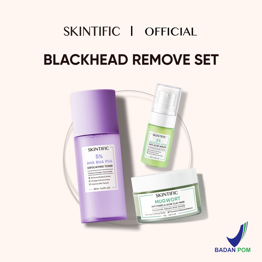 SKINTIFIC 3pcs Set Blackhead Removal | 2% AHA 2%BHA 1% PHA Exfoliating Toner 80ml + 2% Salicylic Acid Anti Acne Serum 20ml + Mugwort Anti Pores &amp; Acne Clay Mask 55g Masker Wajah